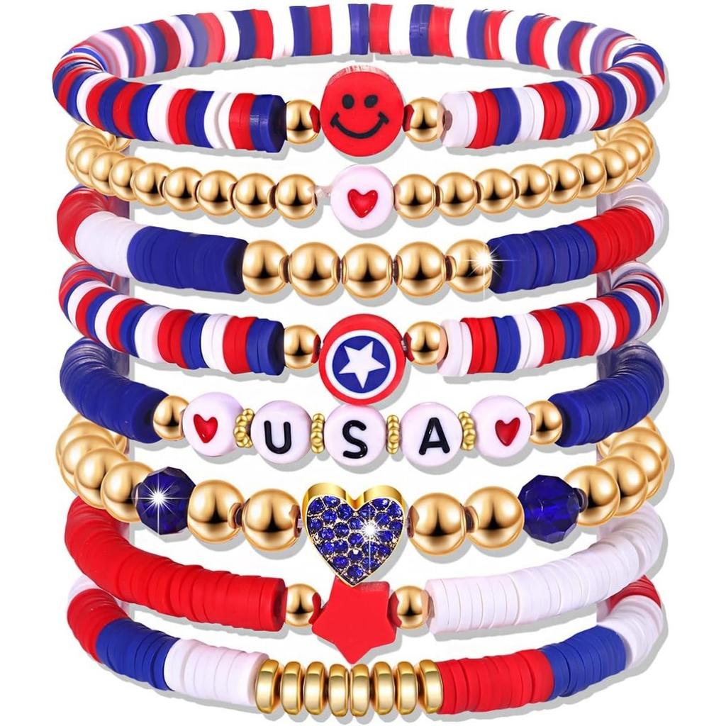 American Independence Day Women's July 4th USA8 Soft Pottery Stackable Set Jewelry Bracelet Bracelet