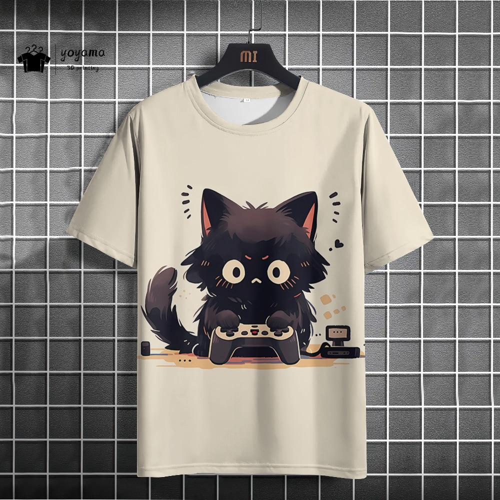Cat printed T-shirt, Fun animal 3D printed short sleeved T-shirt, Large casual T-shirt