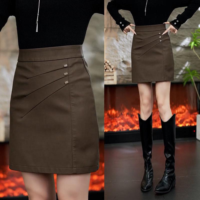 Women's Coffee PU Leather High-Waisted A-Line Mini Skirt - 2025 Autumn/Winter Collection