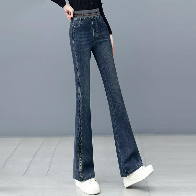 High-waisted Denim Flared Pants for Women In Spring, Autumn and Winter with Elastic Waist, Slim Fit and Casual Straight-leg Flared Pants