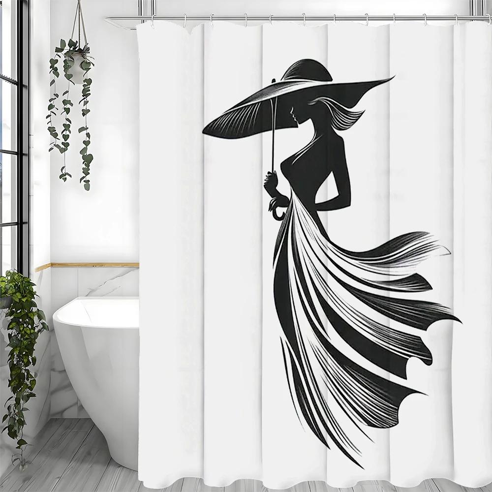 Black and White Elegant Women's Shower Curtain, Bathroom Decorative Shower Curtain, Waterproof Shower Curtain with Hooks