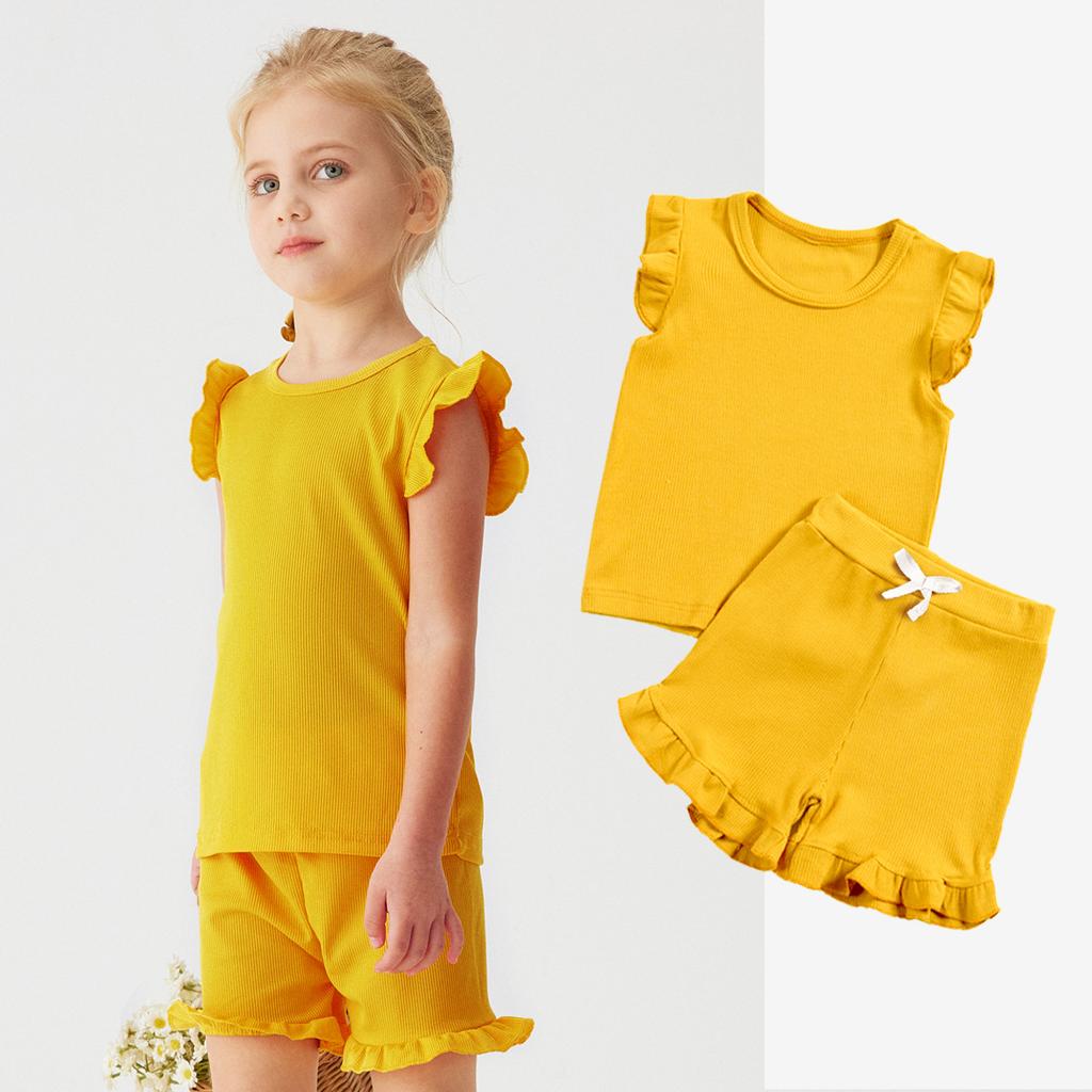 Girls' Solid Color Short Sleeve Shorts Set 2025 Summer Children's Fashion Set