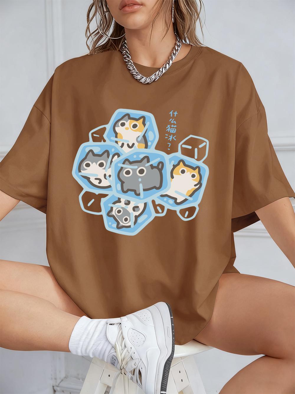 

What Cat Ice Is Funny Printing TShirts Womens Summer Cotton Short Sleeve Tops Loose ONeck Comfortable T Shirt Casual Clothes S