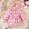 Rosa Schleifen-Aufdruck Langarm Baby Mädchen Strampler