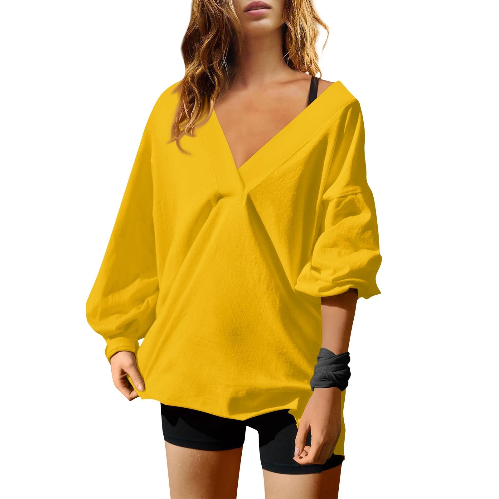 

Женская мода однотонный V-образный вырез длинный рукав свободный пуловер свитшот топ XL жёлтый