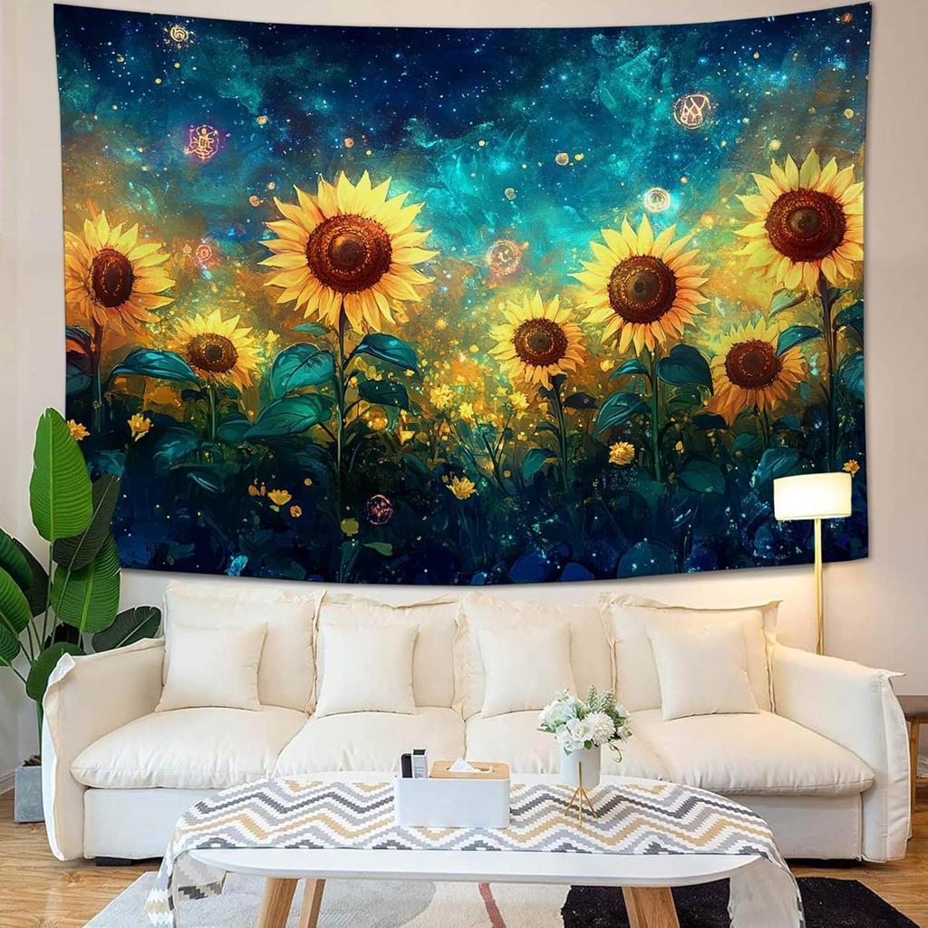 Sunflower Tapestry Galaxy Space Floral Aesthetic Tapestries Starry Sky Nature Hanging Wall Art Decor Home Decoration for Bedroom