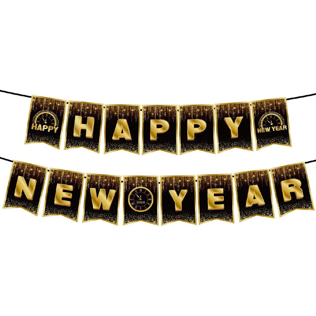 Happy New Years Eve Party Decorations, New Year Party Supplies - Black and Gold Banner (NYE B)