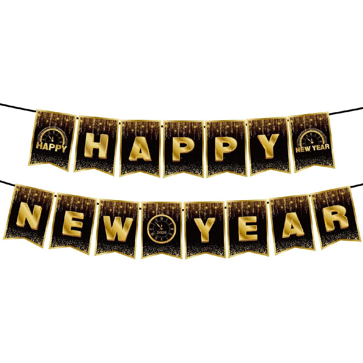 Happy New Years Eve Party Decorations, New Year Party Supplies - Black and Gold Banner (NYE B) NYE Style G