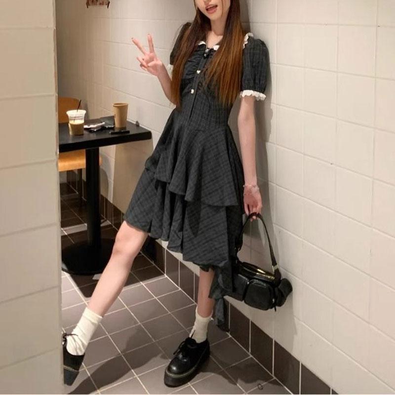 Coffee Break French Doll Collar Plaid Dress Women Summer Irregular Sweet Spicy Waist-tightening Tailing Cake Skirt