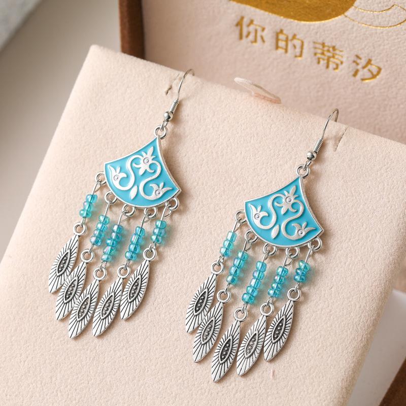 Classical Ethnic Drop Glaze Geometric Earrings for Women Vintage Texture Beaded Dangle Earring Daily Vacation Jewelry