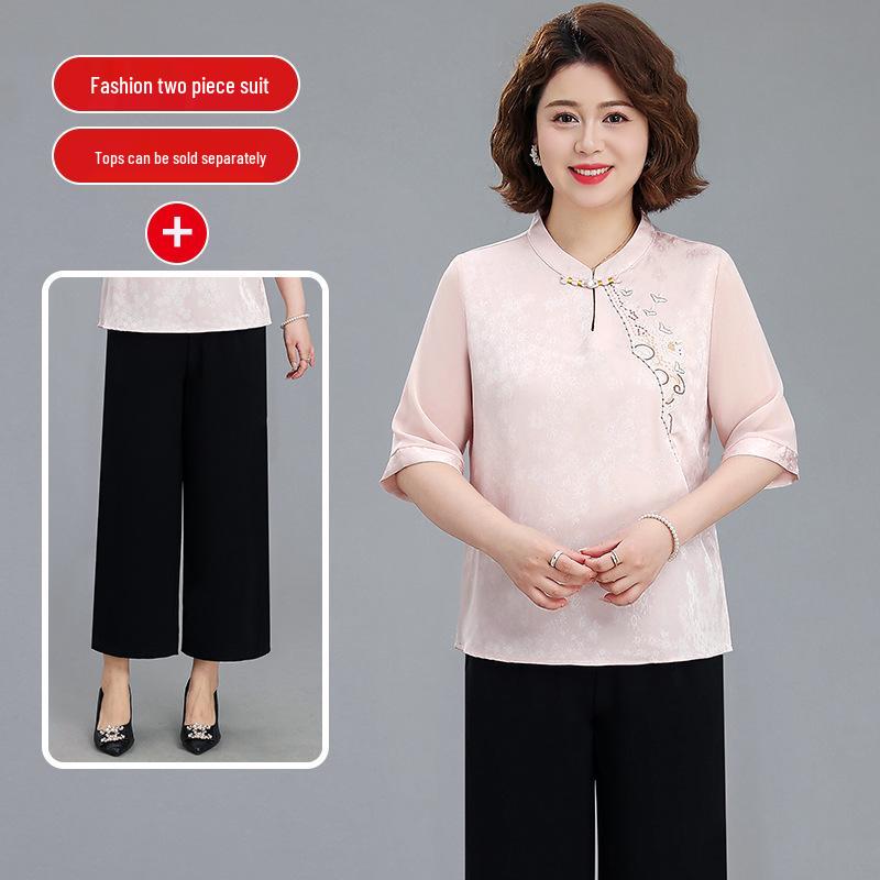 Spring & Summer Chinese Style Embroidered Chiffon Blouse for 50-Year-Old Women with Seven-Point Sleeves