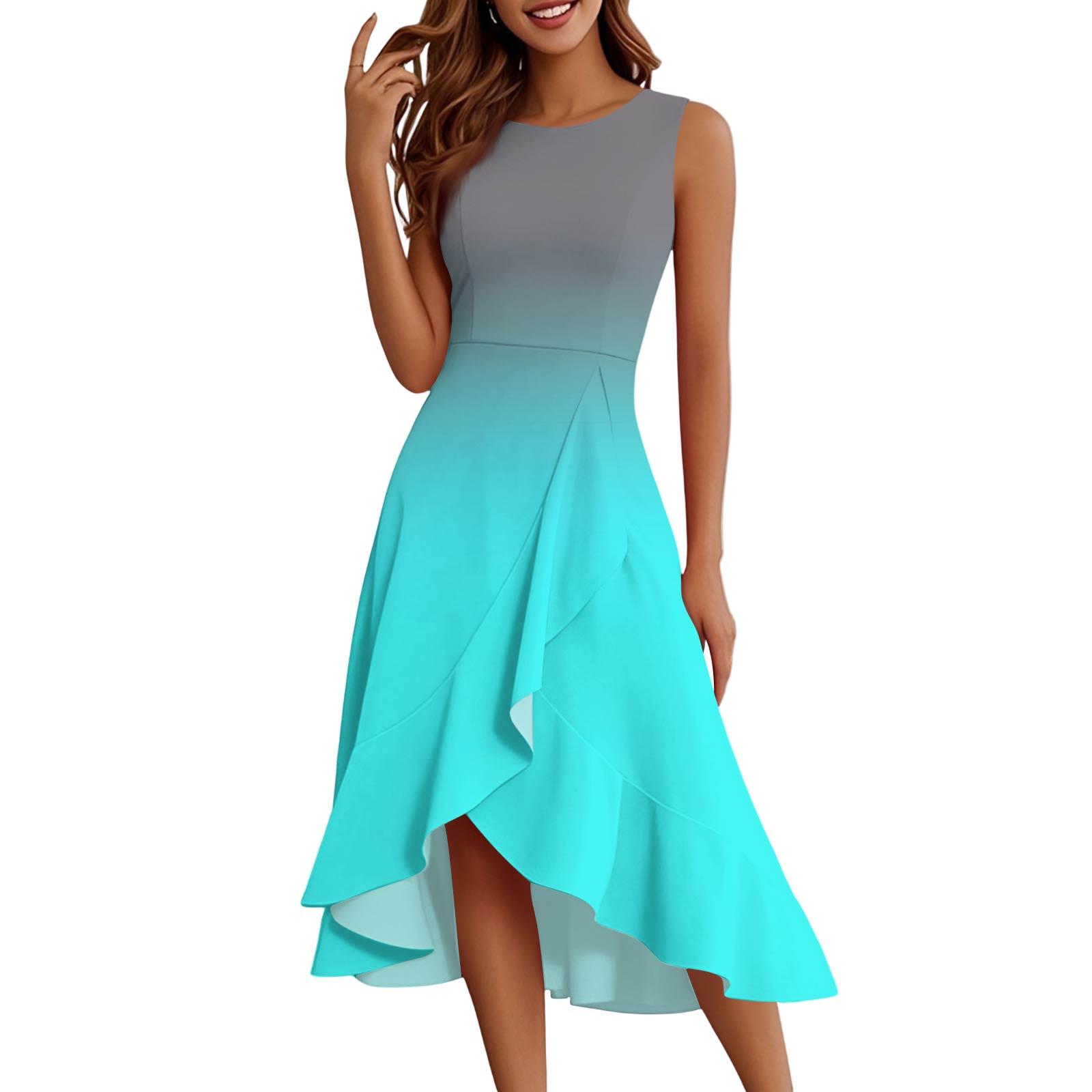 

Жіночі модні повсякденні сукні без рукавів із круглим вирізом із принтом і темпераментом із рюшами L ціан