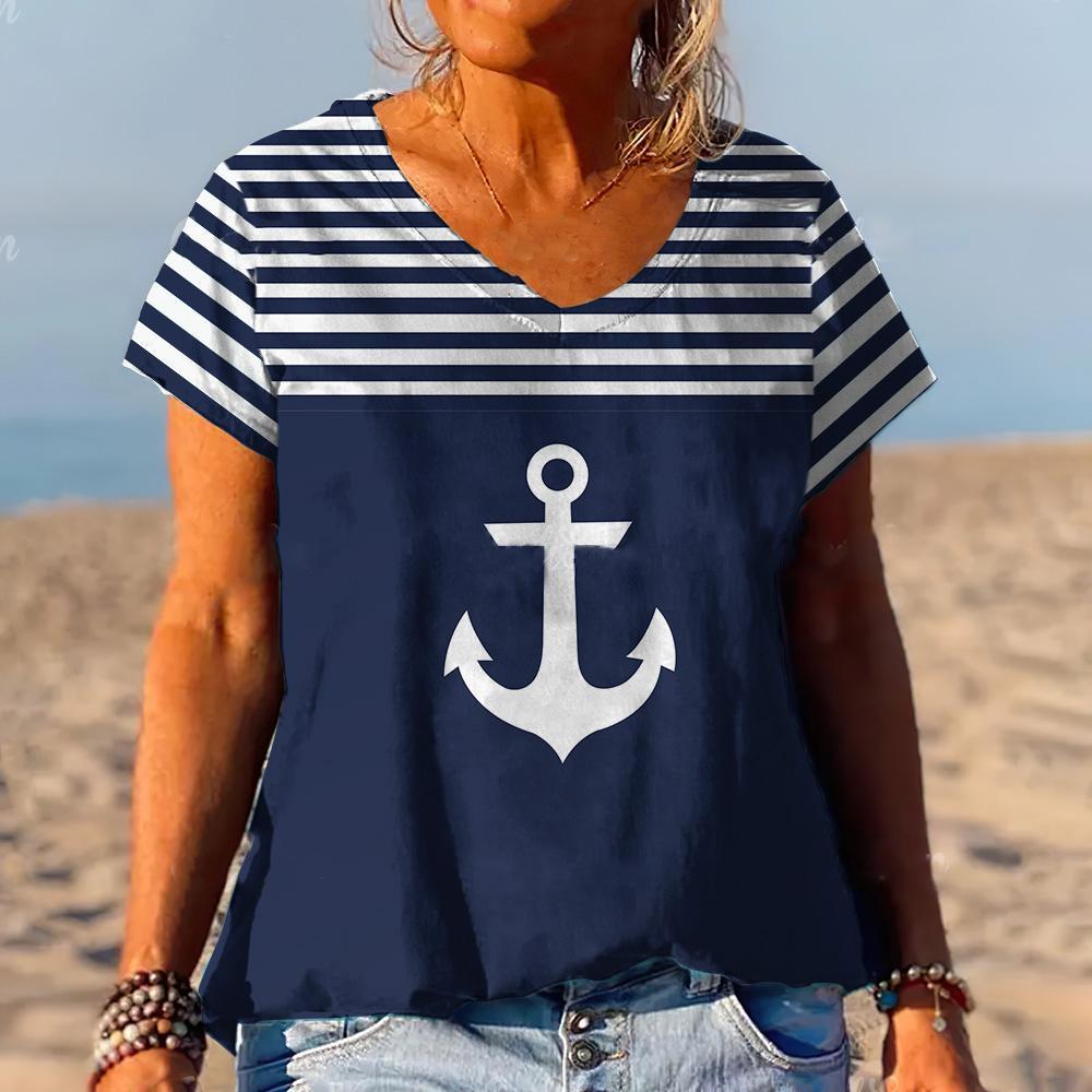 Summer Striped Anchor 3D Print T-Shirts Women V-Neck Short Sleeve T Shirt Y2k Harajuku Tees Casual Loose Tops Female Clothing