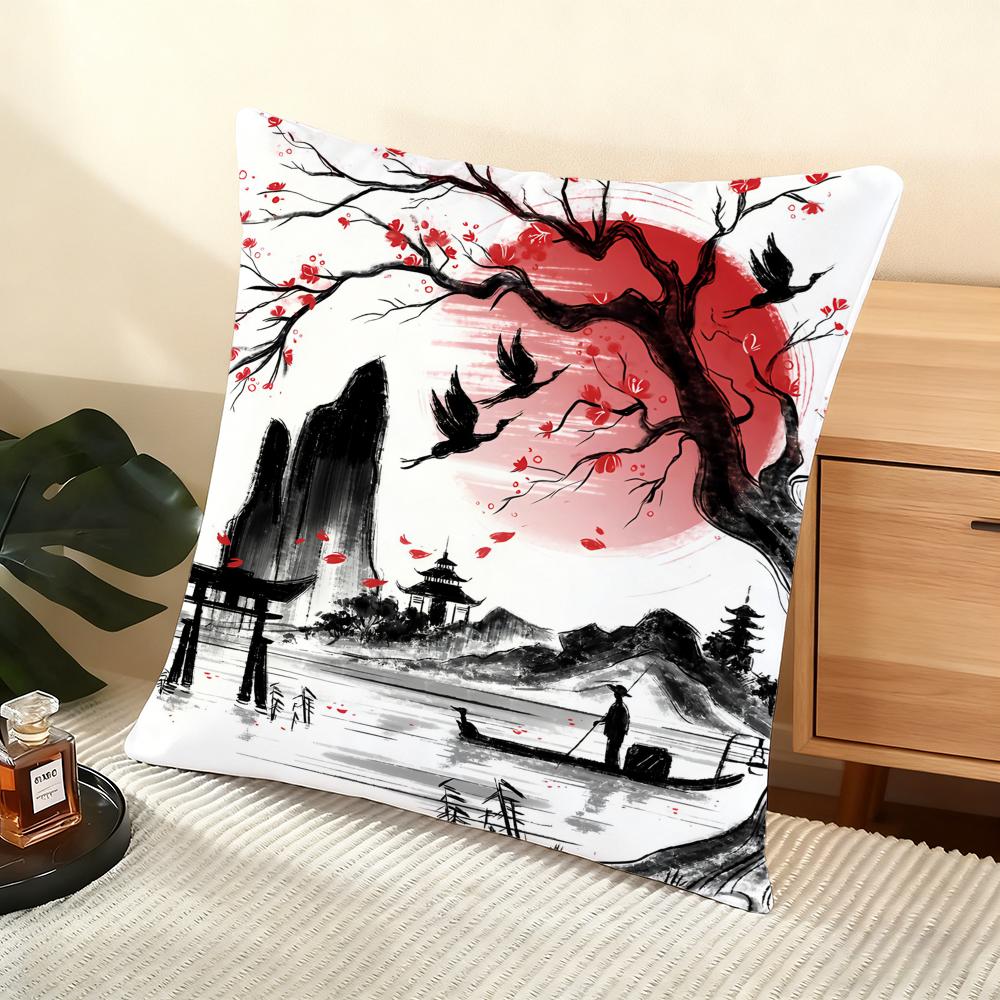 Japanese Pagoda Landscape Cushion Cover Soft Short Plush Pillow Cover Smooth Cozy Texture Aesthetic Cushion Case Home Decor 30x30cm