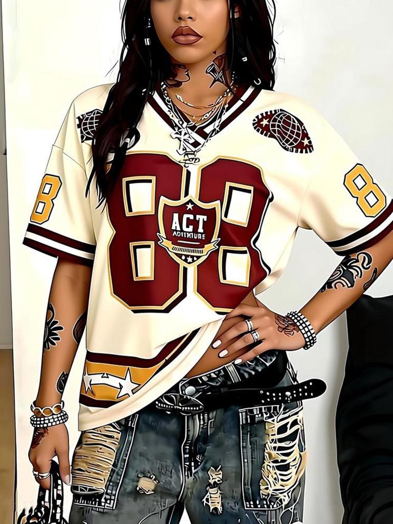 Women's Plus Size V-Neck Drop Shoulder Letter Print Loose Casual T-Shirt