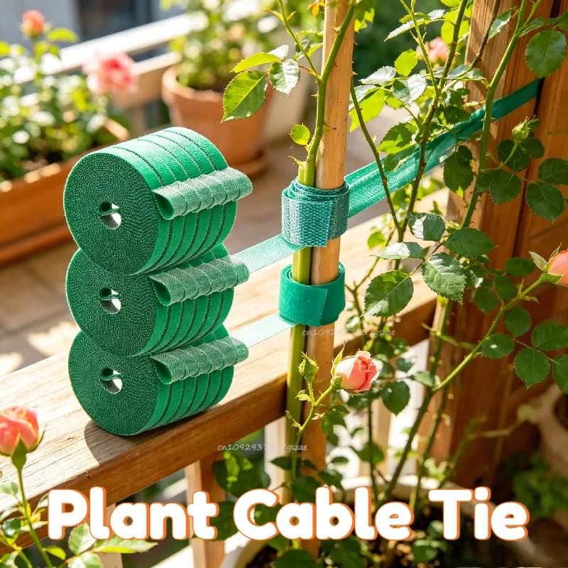 Fascetta autoadesiva in nylon per piante, verde, regolabile, con gancio e anello, supporto per spago da giardino, fascetta riutilizzabile, nastro di fissaggio