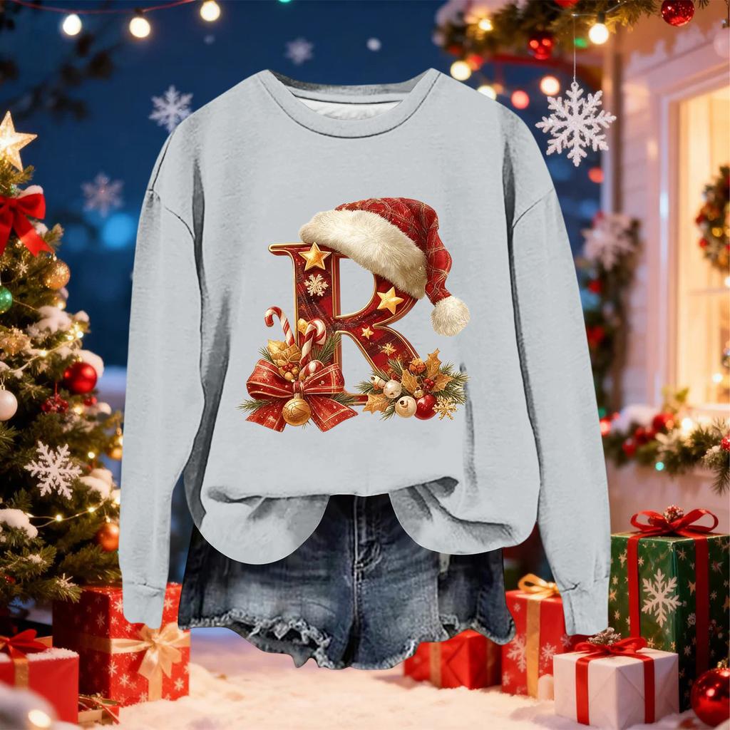 Damen Modisches Lässiges Langarm-Weihnachts-Sweatshirt mit Buchstaben-Print und Rundhalsausschnitt