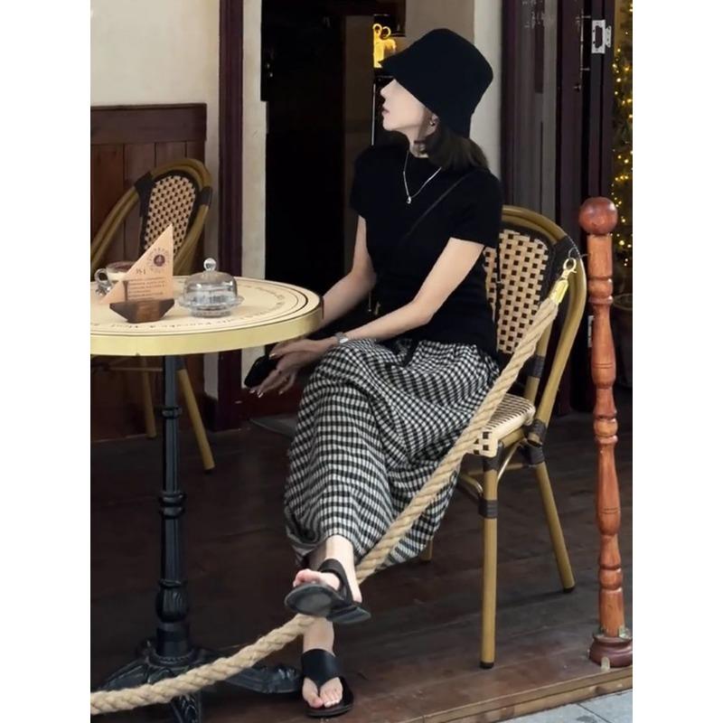 Klassischer Damen Sommer Neuer Elastischer Bund Kordelzug Knospe Temperament Karierter Rock