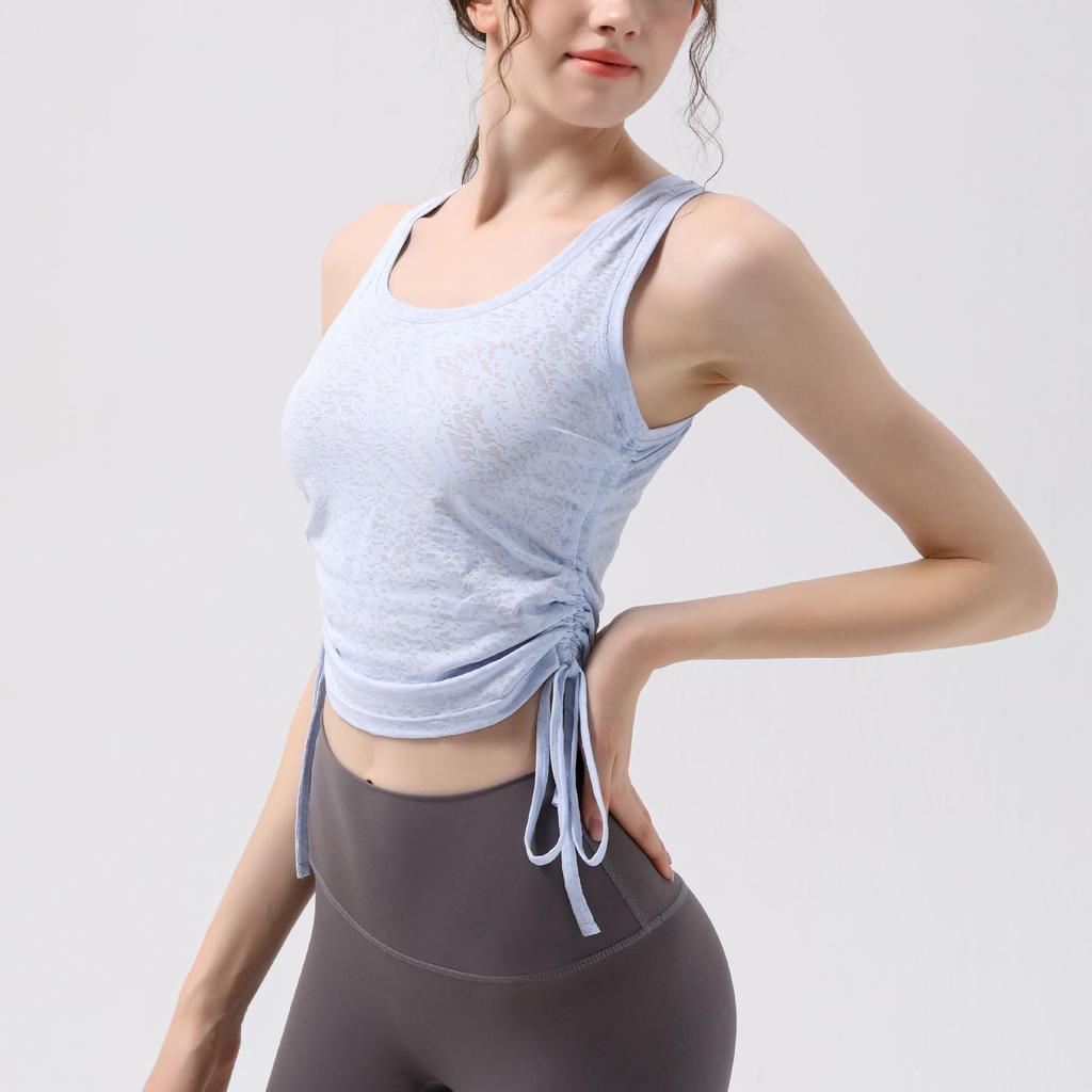 Nude Jacquard Drawstring Sports Top - Women's Breathable, Waist-Slimming, Quick-Dry Yoga & Fitness Wear.