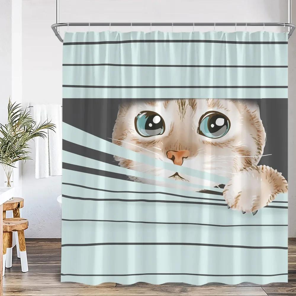 Funny Cat Shower Curtain Cat Riding Shark Dinosaur Flower Floral Polyester Bathtub Curtain Space Planet Bathroom Decor with Hook