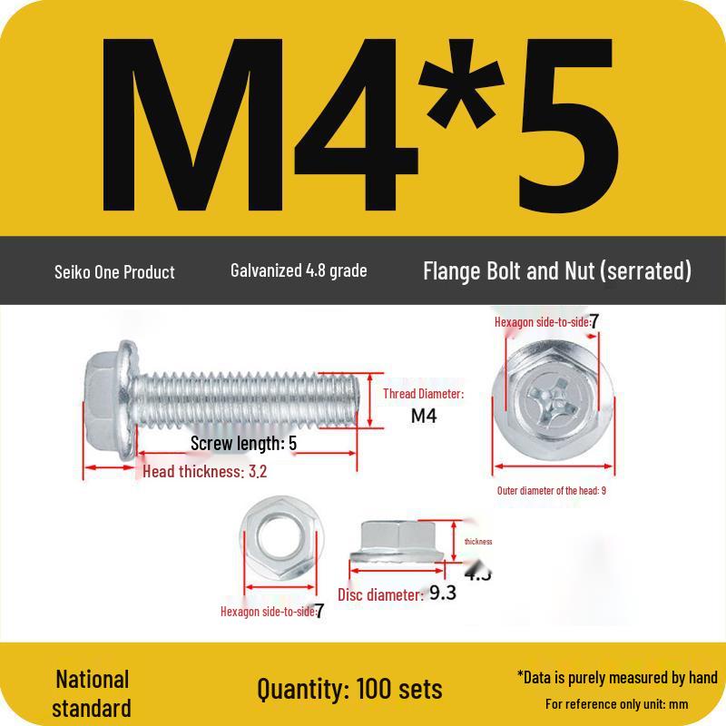Galvanized Hex Bolt & Nut Set with Washer, Anti-slip, 4.8 Grade, Cross Flange Head, M4-M8 Sizes.