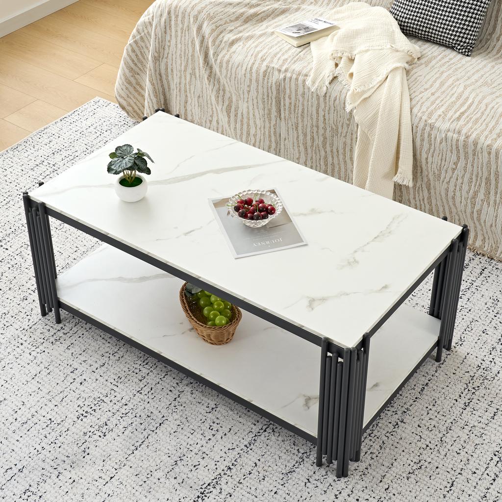 Rectangular Coffee Table with Metal Legs, Marbled Tabletop, Modern Living Room Furniture, White-Black – H46/B1140/T64 cm