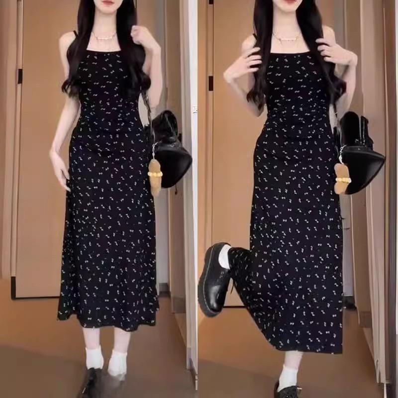 French Floral Print Sleeveless Maxi Dress With High Waist For Spring 2024