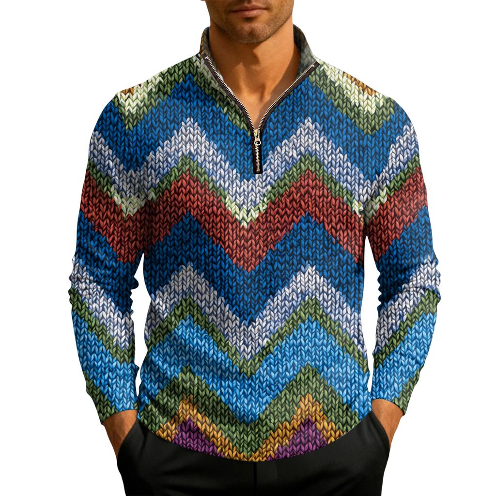 Herrstickad tröja med kvartslång dragkedja och ståkrage