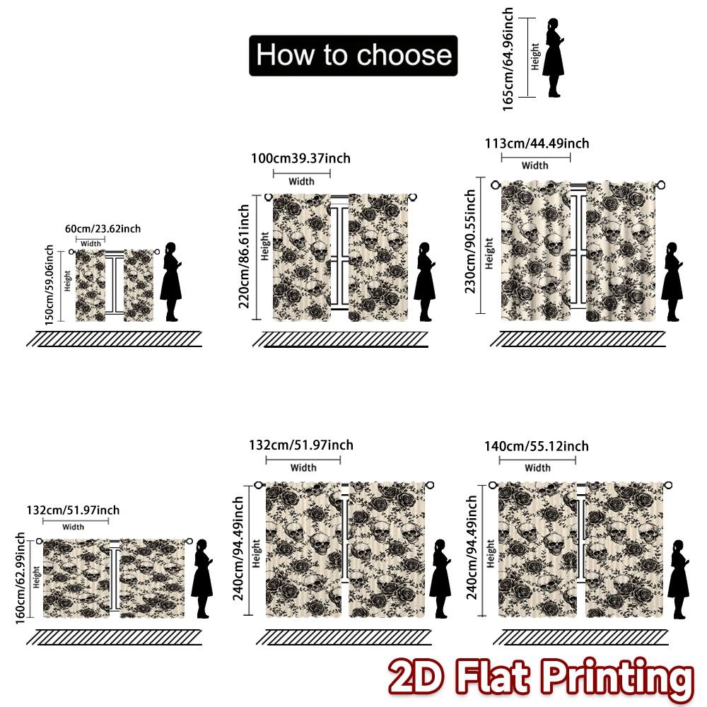 2D FLAT PRINTING 2pcs Curtains (Without Rod) Halloween Skulls and Roses Modern Print Curtains Yarn Curtains Ramadan Suitable for