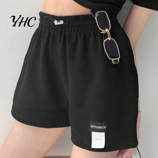 Loose Bottoms High-Waist Elastic Waistband Pockets Waffle Texture Women Shorts Fitness Wide Leg High Waist Sports Streetwear