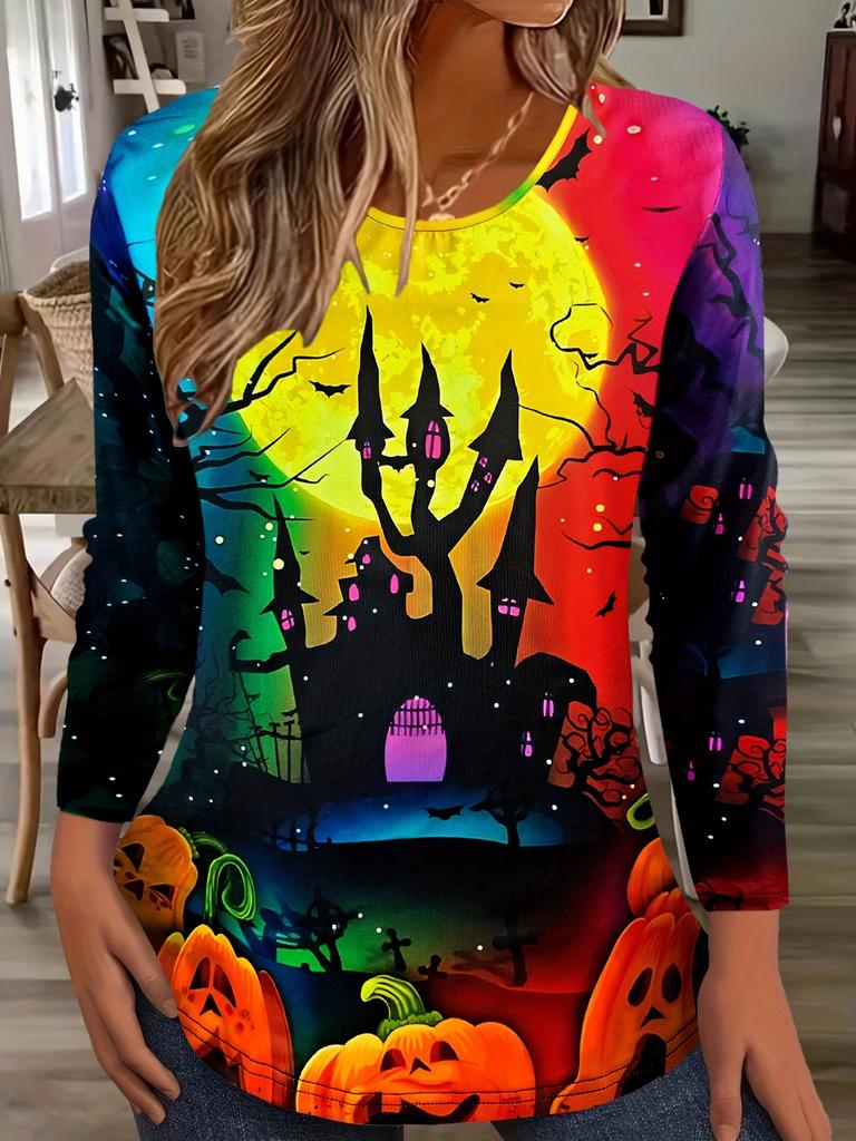 Women's Long Sleeve T-shirts Halloween Theme Black Cat Graphic Streetswear Polyester Tops Casual Pullover Women's Clothing