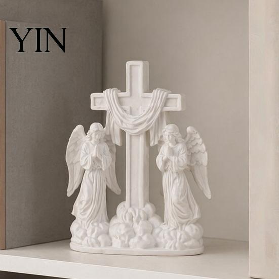 Flowing Cloud Base Figurine 3D Printed Praying Angel Ornament, Dual Angels with Base, Sacred Quiet Prayer White Sculpture for Desk Table Home Office,