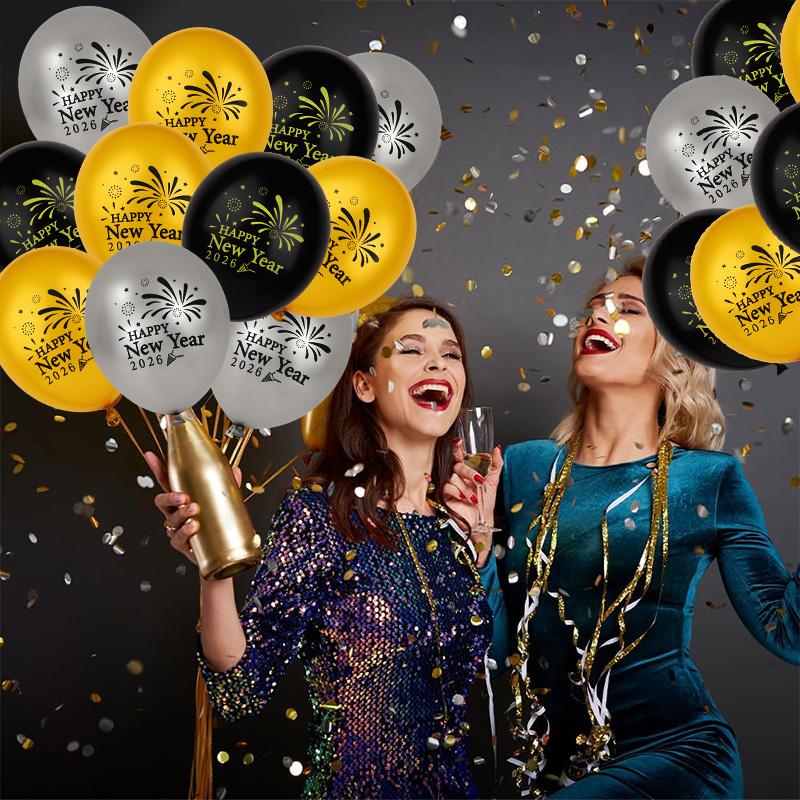15Pcs Gold Black Happy New Year 2026 Latex Balloons For New Year Eve Party Decoration Favors 12Inch Christmas Balloon Supplies
