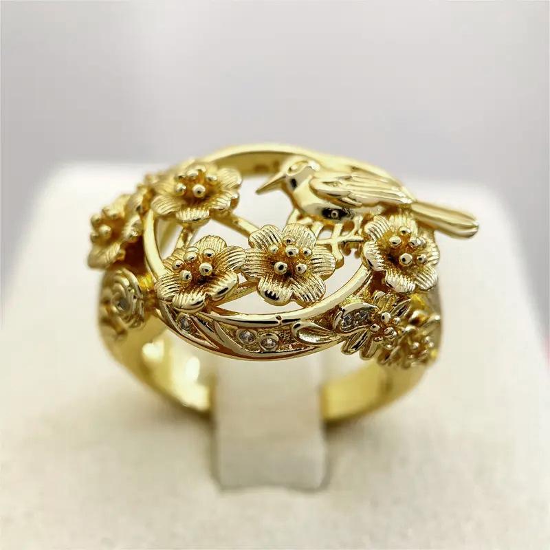 Intricate Floral Bird Design Hollow Band Ring Detailed Carving Nature Inspired Jewelry for Women and Men