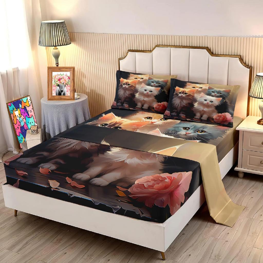 Cute cartoon cat family pattern mattress four-piece bedding set bedroom dormitory bedding set