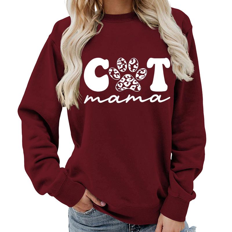 Women's Fashion Round Neck Long Sleeve Colorful Cat  Letter Top Sweatshirt
