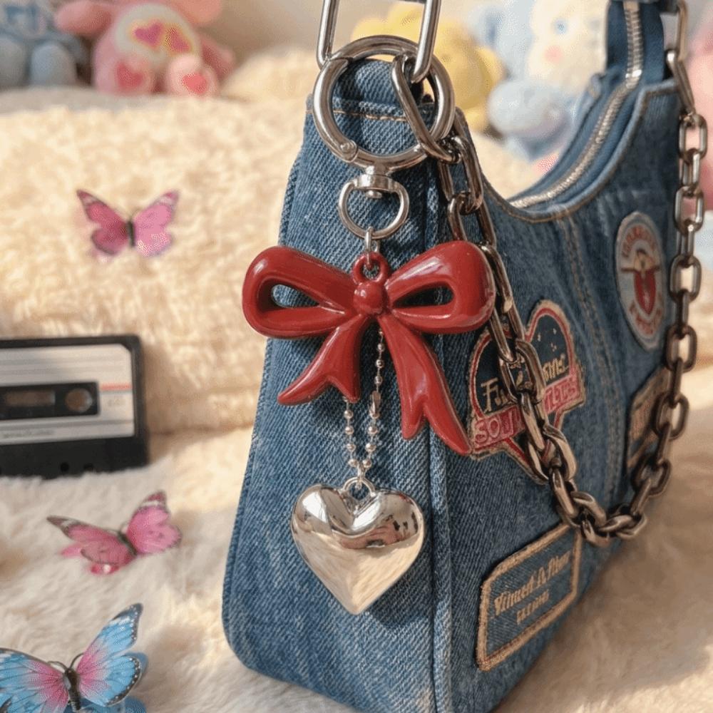 Circle Clip Red Bow Keychain Silver Heart Purse Accessory Love Bag Charm Daily Use