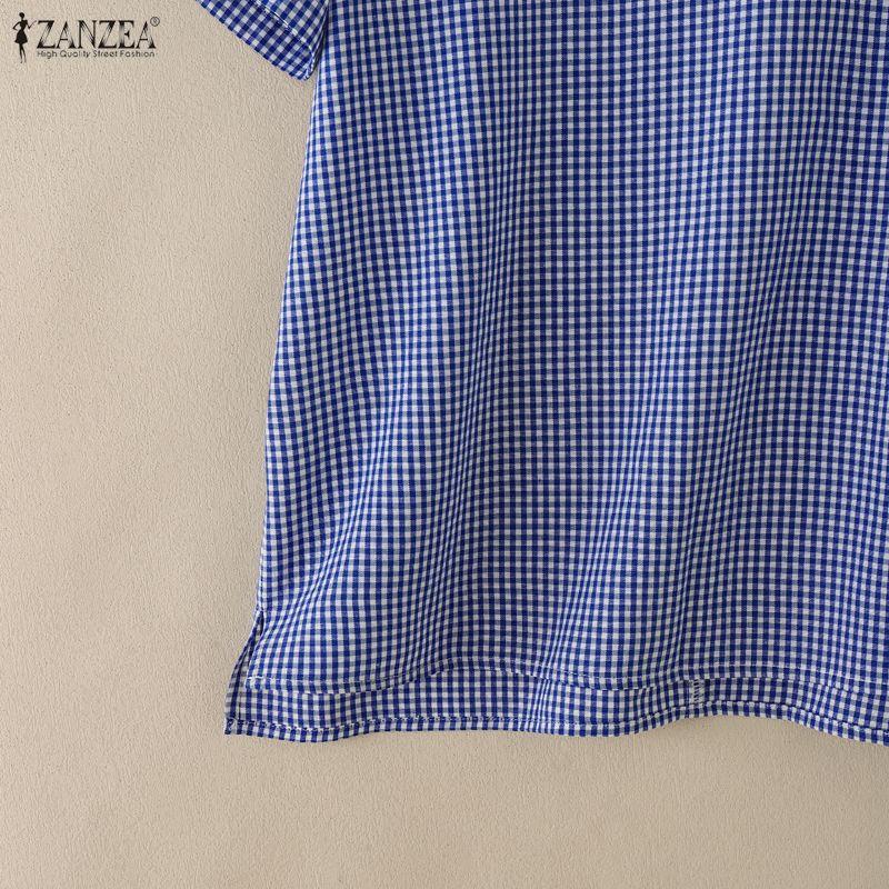 ZANZEA Women Casual V-Neck Grid Print Loose Short Sleeve Blouse