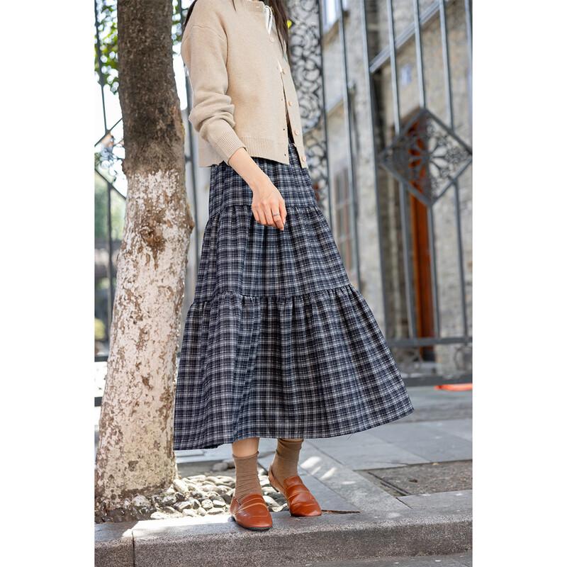 MOCANA Korean Retro Plaid A-line Midi Skirt