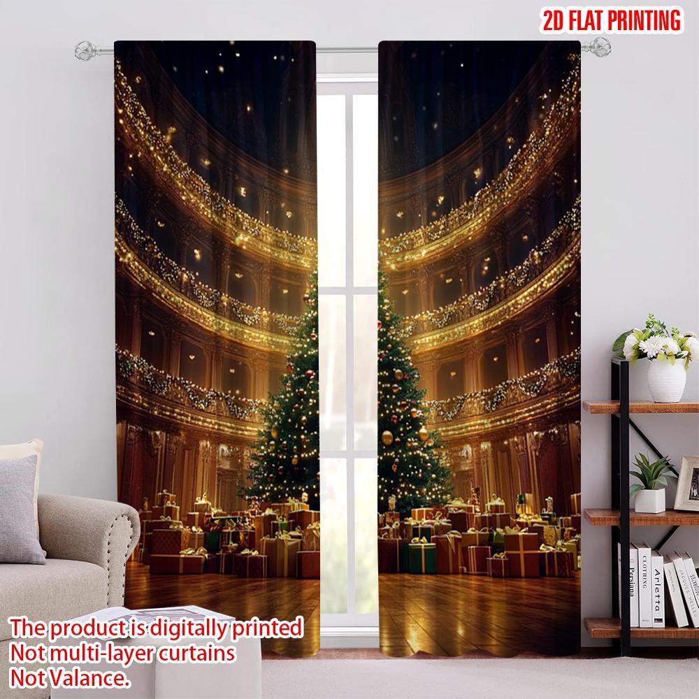 

Set Of 2 Flat Printing Christmas Scene Curtain Fabric Without Electricity Family Party Use Classroom Office Polyester Perfect For Study W100*H70(CM)-Grommet top&2PCS