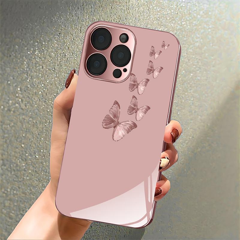 Rosa Schmetterlingsmuster Rosa Metallisch Gehärtetes Glas Handyhülle Für iPhone 17 16 15 14 13 12 11 Pro Max 15 Plus 17 Air 16E Hülle