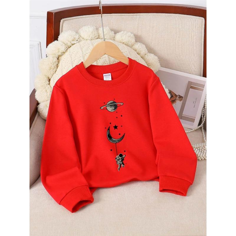 European sizes Crewneck Sweatshirt for Kids Featuring an Astronaut Floating Among The Moon And Stars. Perfect for Sports And Casual Outings
