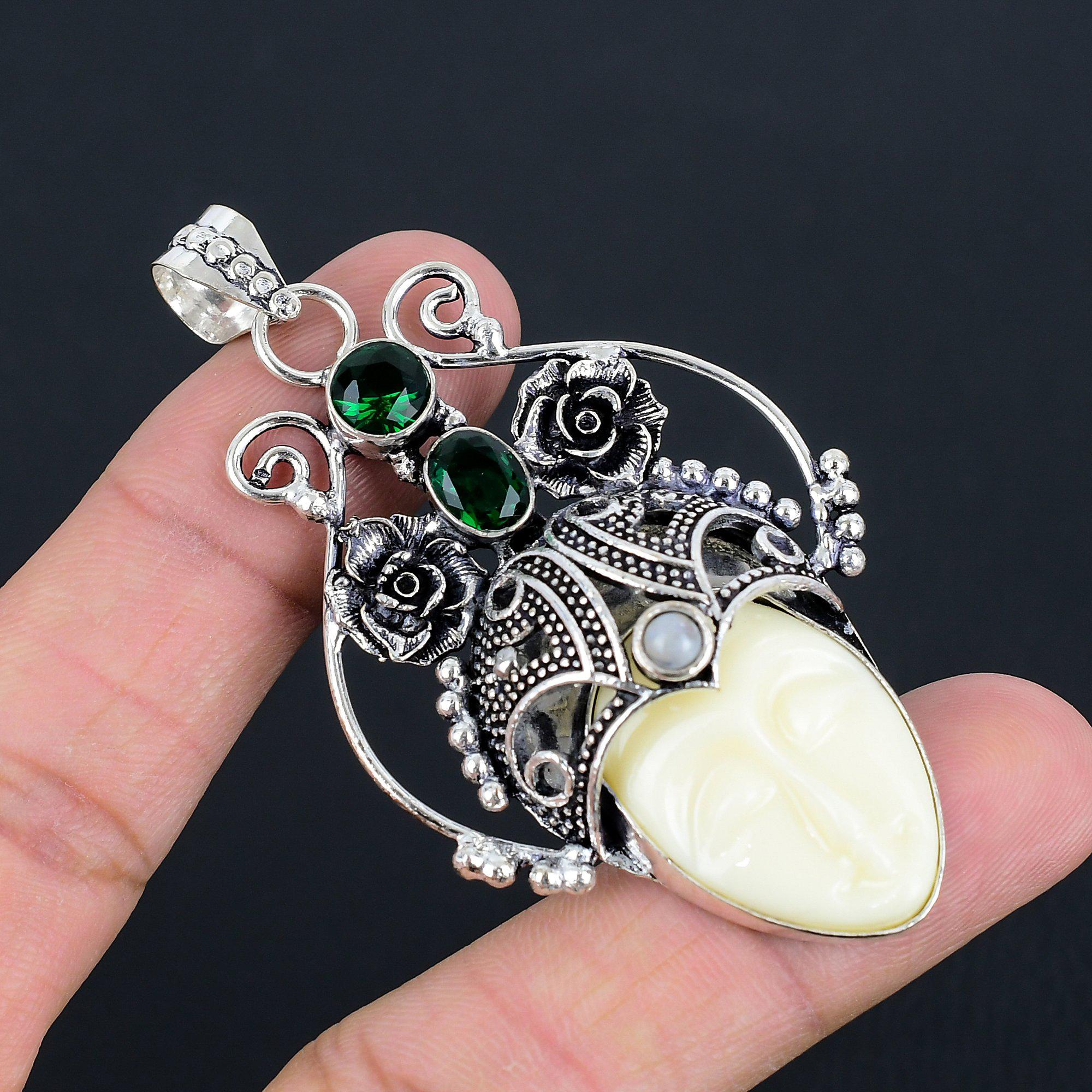 

Резной кулон с изображением лица богини из зеленого кварца и драгоценных камней | Серебро 925 пробы | Винтажный кулон | Винтажные украшения ручной работы с подвесками для нее/него