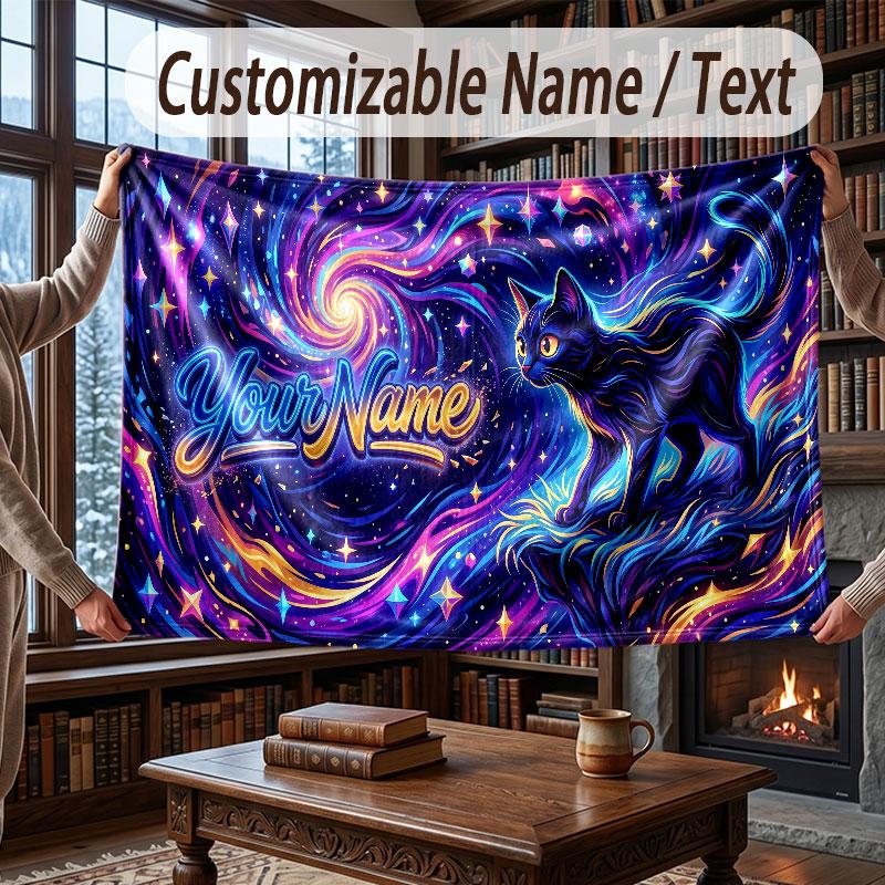 Cat Theme Throw Blanket Custom Name Text Personalized Blanket Soft Cozy Blanket for Home Sofa Bed