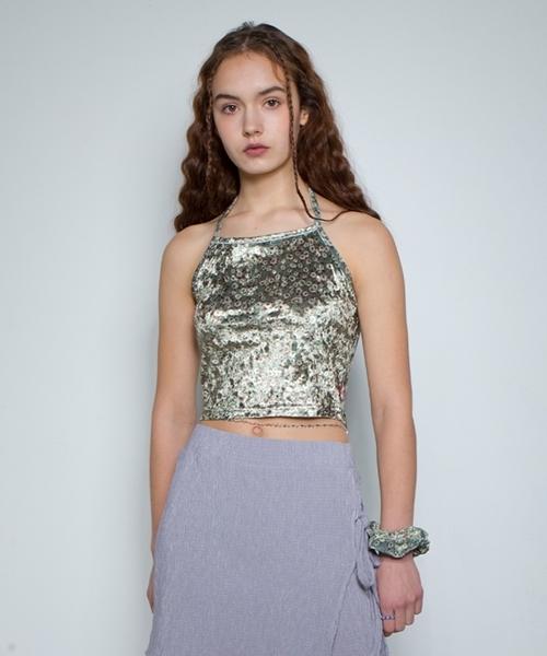 Fake Mama Velvet Flower Halterneck Top [Green] Olive Green