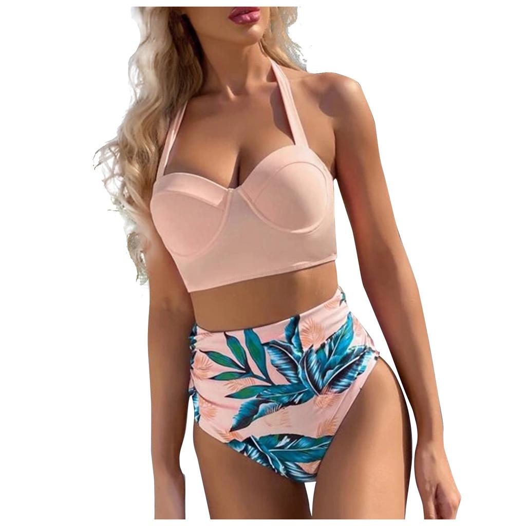 Dámský Módní Sexy Pevný Taška Bikini Vícebarevný Listový Potisk Plavky