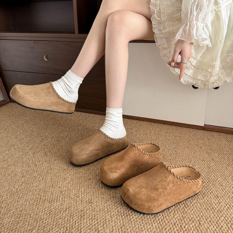Retro Boken shoes women's autumn and winter new round head versatile one pedal thick-soled lazy casual outer bag head half slippers