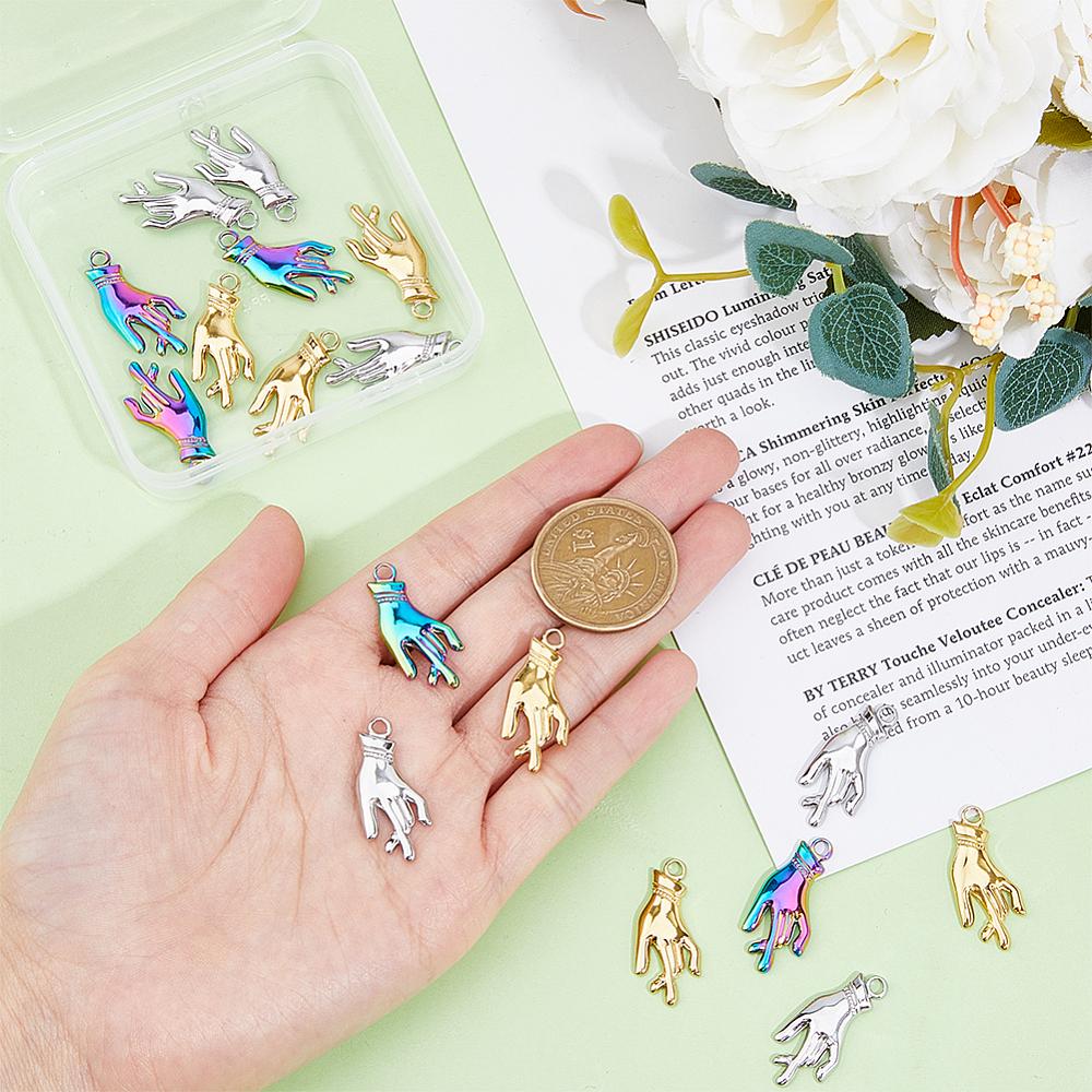 18Pcs 3 Colors Ion Plating(IP) 304 Stainless Steel Pendants Hand Charms Mixed Color 27x12x2.5mm Hole: 3mm 6pcs/color