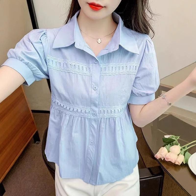 Women's Shirt Bubble Short Sleeved Shirt Shoulder T-shirt Summer Chic Shirt French Short Top