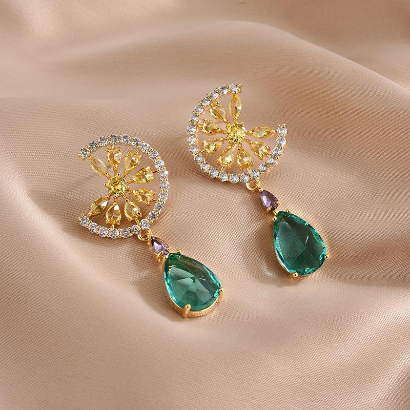 925 Silver Needle Green Large Water Drop Orange Earrings for Women Small Fresh Design Cubic Zirconia Fruit Personality Earrings